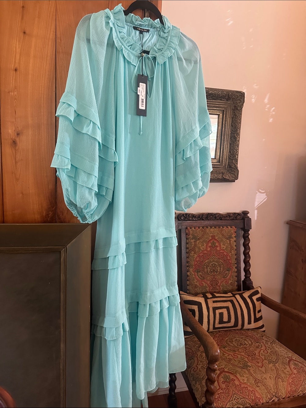 KOBI HALPERIN Women's Maxi Aqua tiered Ruffle Sleeve KOA dress